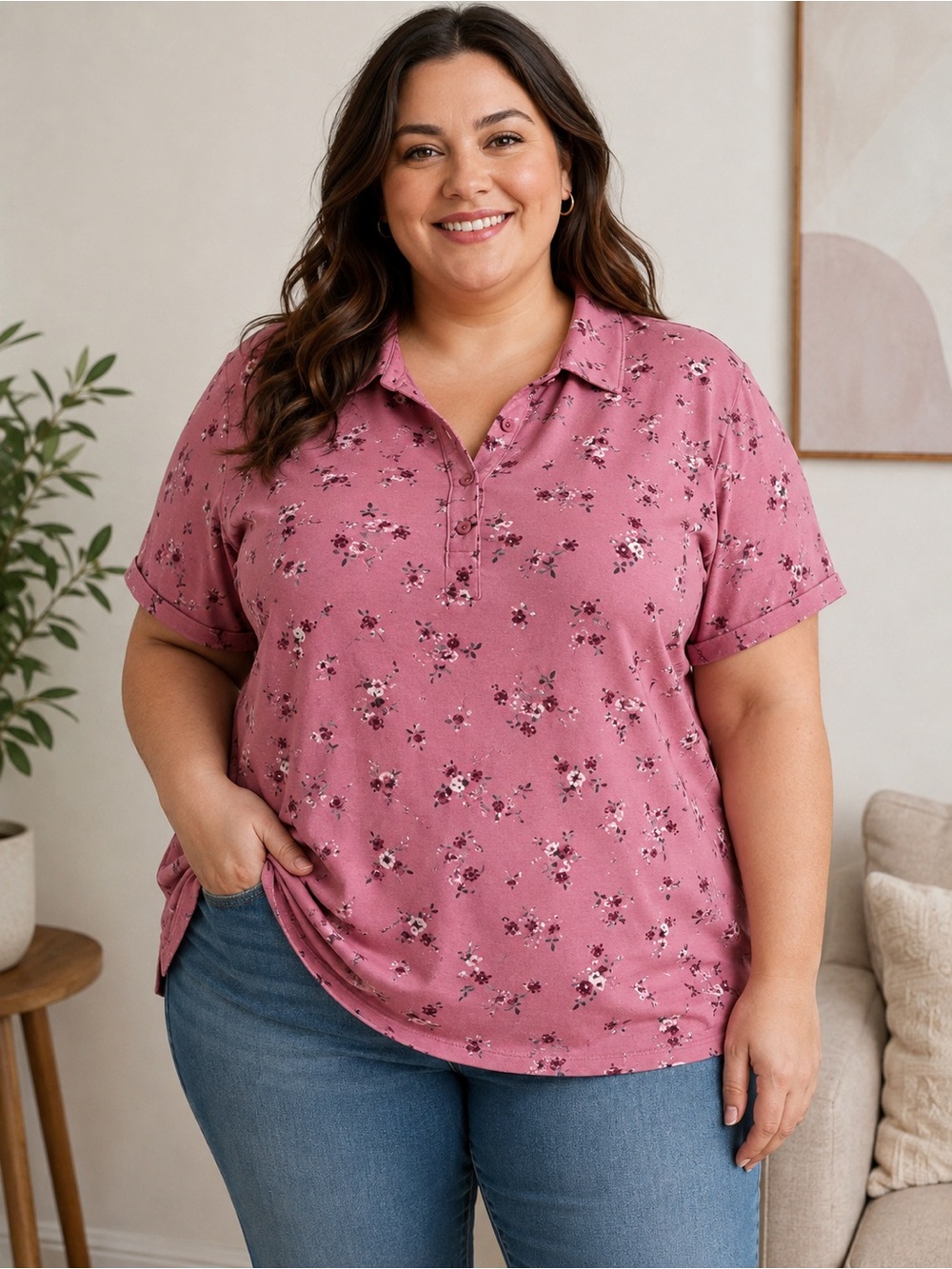 Relaxed Fit Button-Down Floral Polo Top — Pink